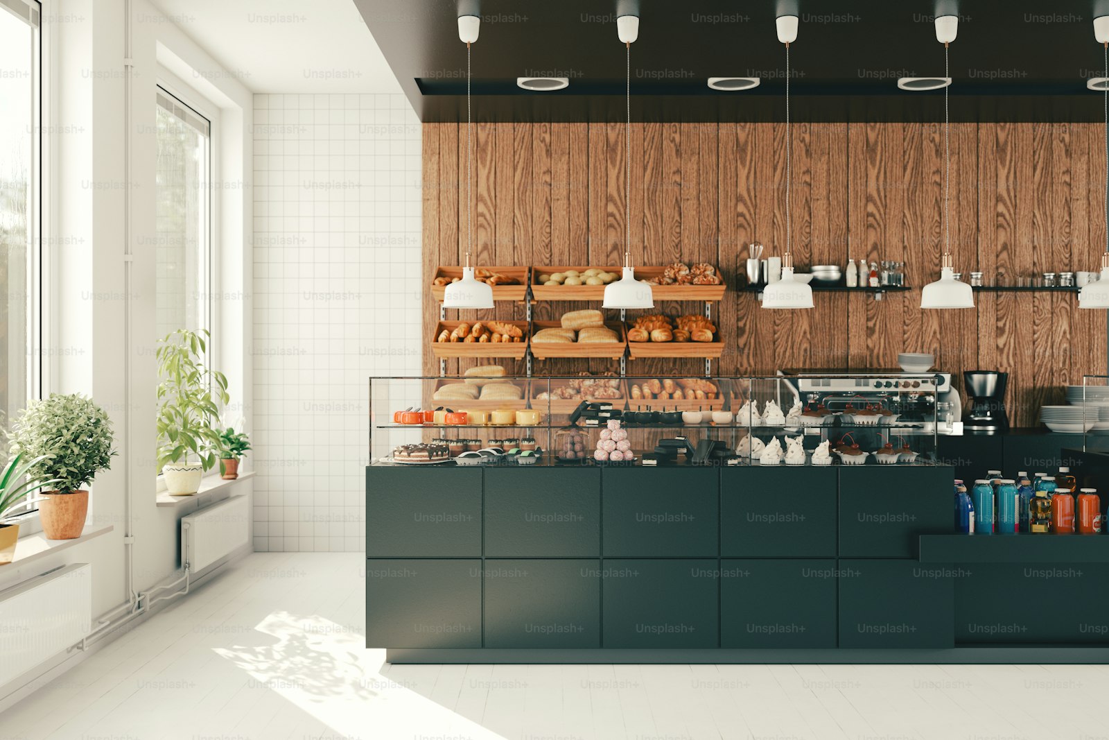 Modern bakery display counter with cakes and pastries